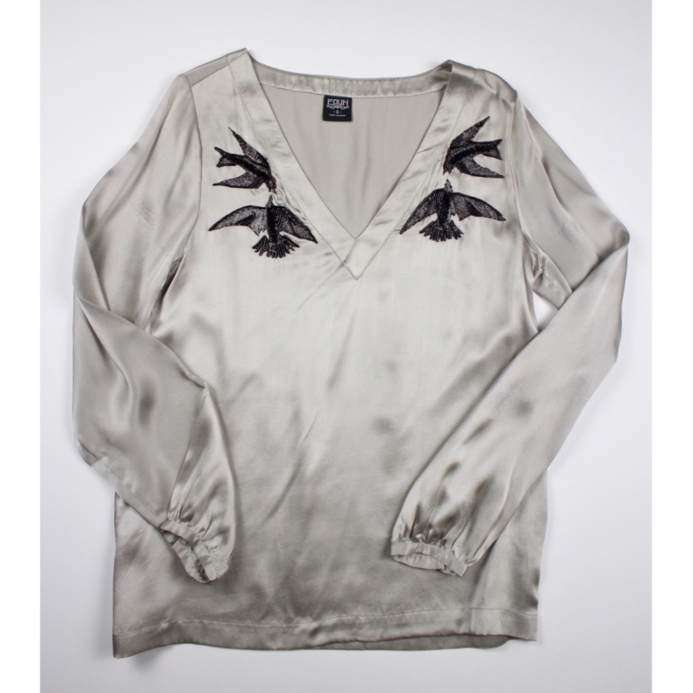 Stunning 100% silk blouse with beaded bird detail